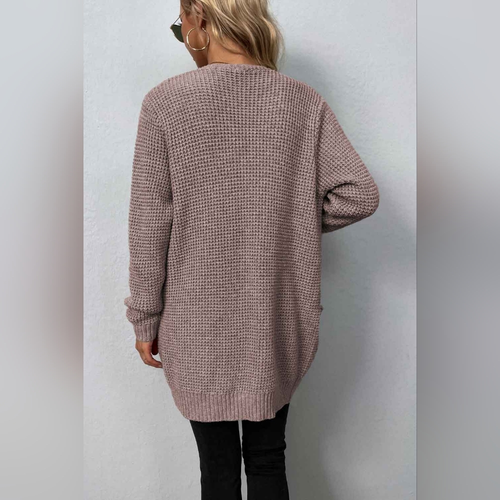 Rib-Knit Open Front Pocketed Cardigan - Picture 2 of 4